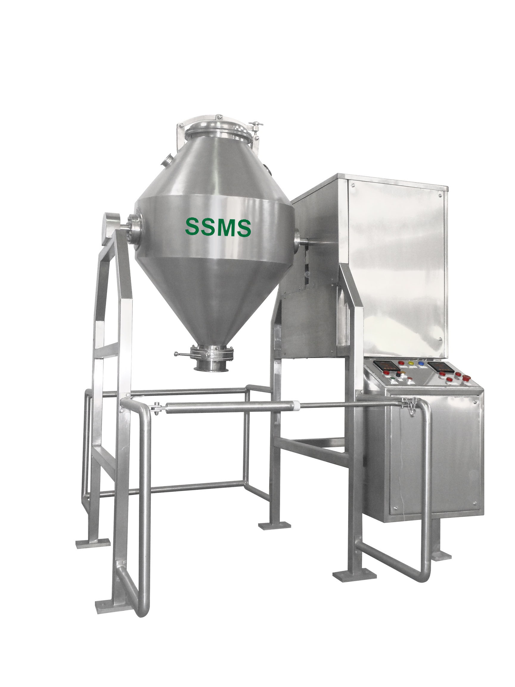 Double Cone Blender - Double cone powder blender with VFD control and stainless steel construction. Symmetrical design, smooth discharge, TC connection. 2.5 Kg to 5000 Kg capacity.