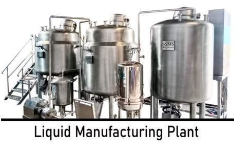 Liquid Manufacturing Plant - Complete liquid manufacturing system for syrups, suspensions, and liquid formulations. 1200L capacity, SS 316 construction, 8 KW heating, VFD stirrer. GMP-compliant design.